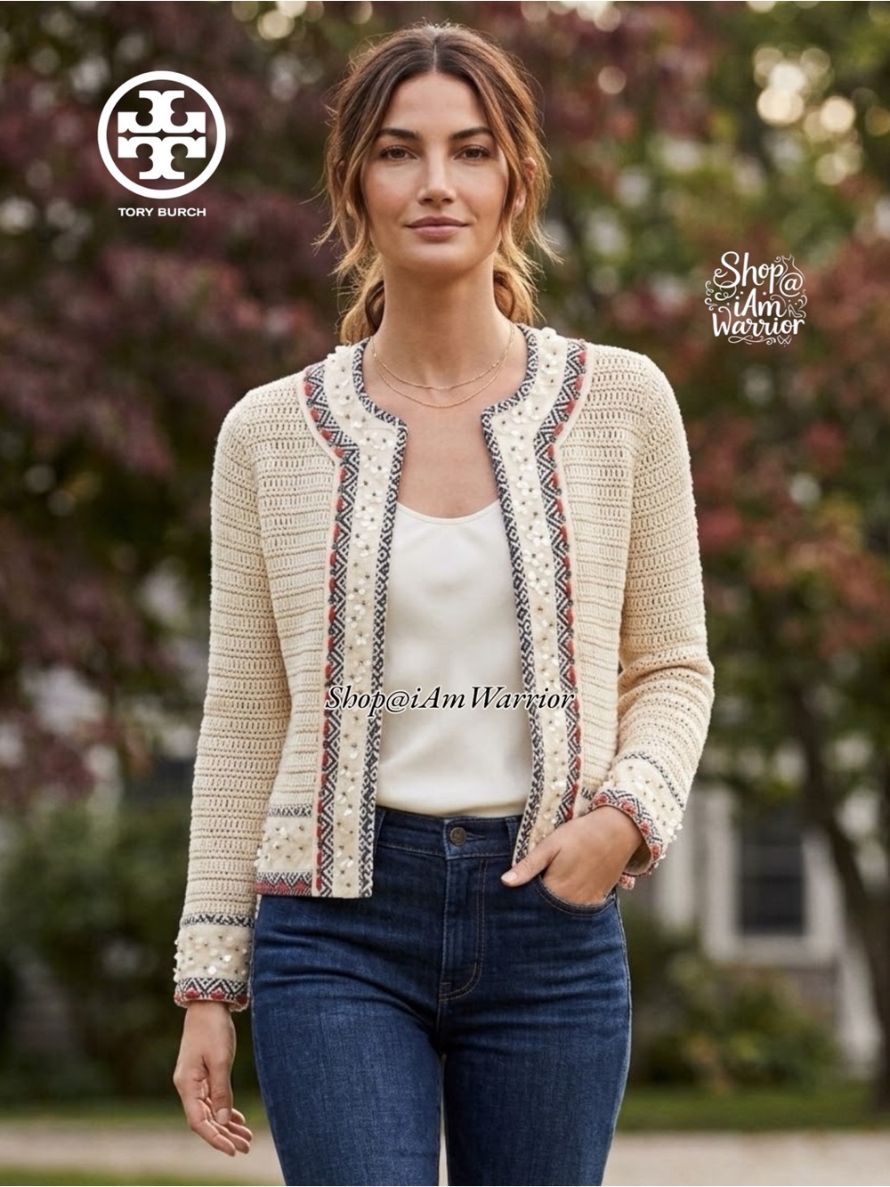 Tory Burch cream crochet beaded embellished cardigan jacket *shop@iamwarrior